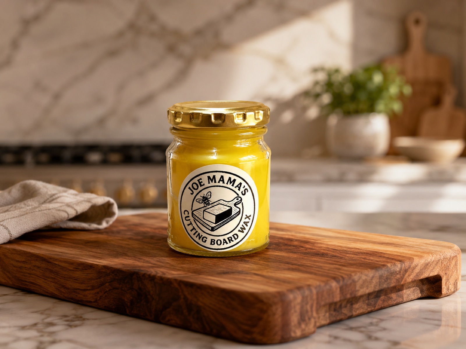 Joe Mama's Cutting Board Wax on a wooden board in a sunlit kitchen